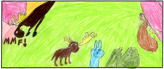 Laser Moose and Rabbit Boy help the aliens. I really like the nice bright colors here.