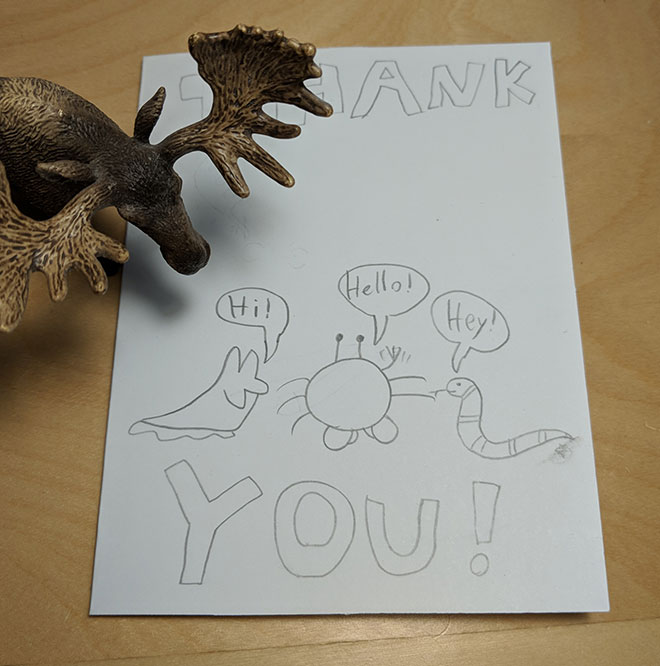 Thanks for the thank-you card, Sophia! Featuring Slug, Crab, and Snake :)